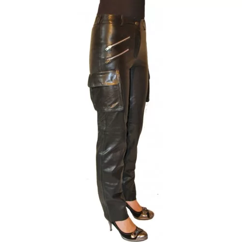 Pantalon style cargo en cuir d'agneau noir modèle Dona