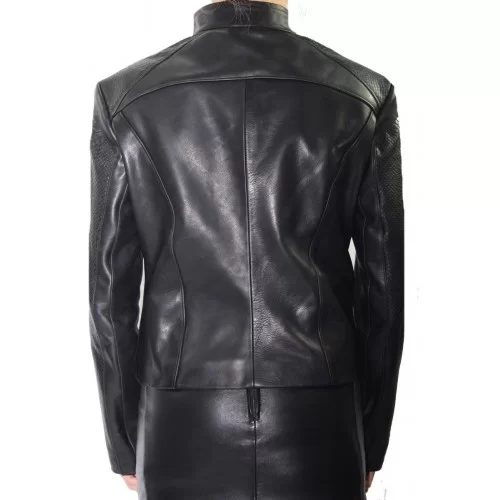 Blouson en cuir de vachette noir et cuir impression python noir modèle Doroté