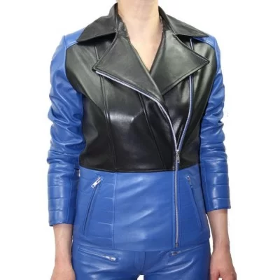 Blouson cuir perfecto femme agneaux bleu et noir modèle Angie