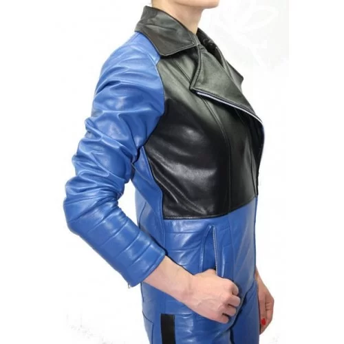 Blouson cuir perfecto femme agneaux bleu et noir modèle Angie