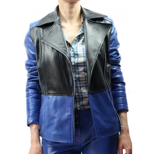 Blouson cuir perfecto femme agneaux bleu et noir modèle Angie