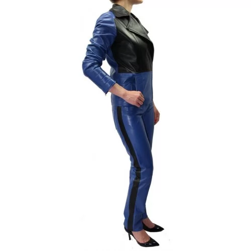 Blouson cuir perfecto femme agneaux bleu et noir modèle Angie