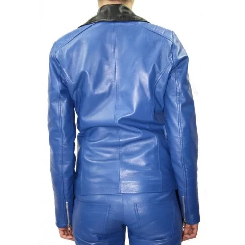 Blouson cuir perfecto femme agneaux bleu et noir modèle Angie