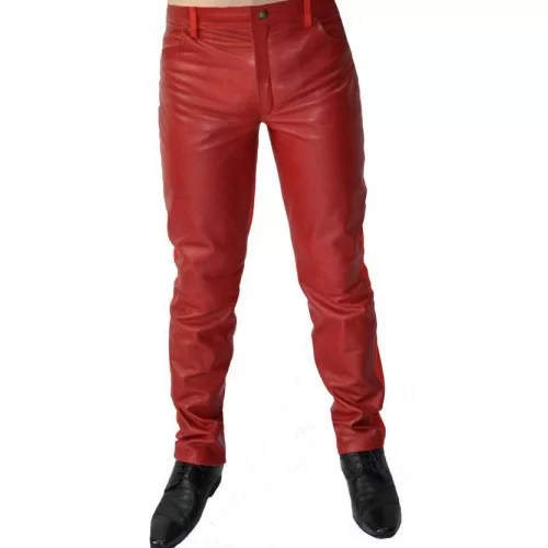 Pantalon cuir homme agneau velours rouge et cuir rouge modèle Eric