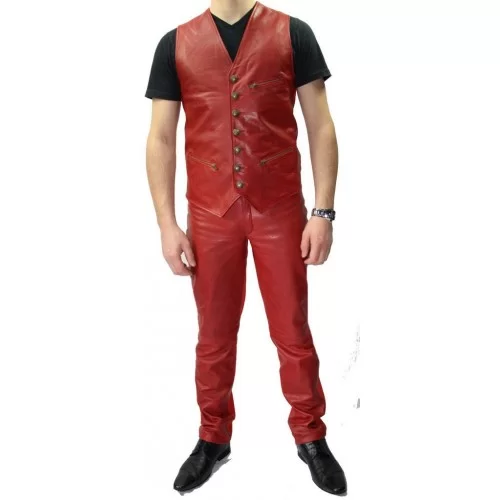 Pantalon cuir homme agneau velours rouge et cuir rouge modèle Eric