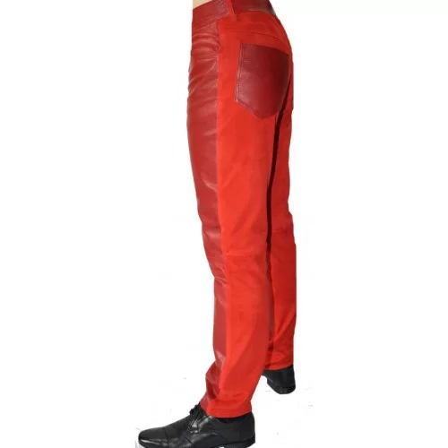 Pantalon cuir homme agneau velours rouge et cuir rouge modèle Eric