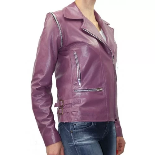 Blouson perfecto cuir femme manches amovibles modèle Atela agneau violet