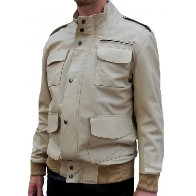 Blouson cuir homme multipoches couleur crème modèle Natanaéle