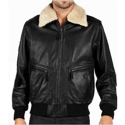 Blouson homme cuir mouton noir col mouton blanc amovible blanc modèle officier