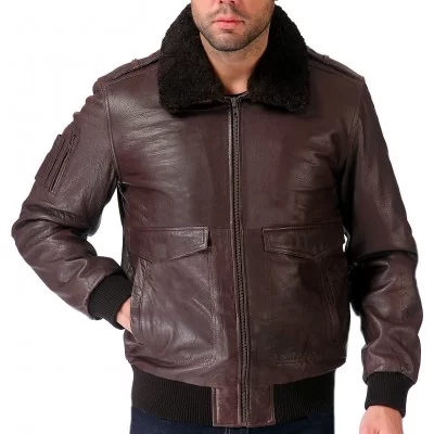 Blouson aviateur homme cuir marron col mouton amovible modèle Conrad