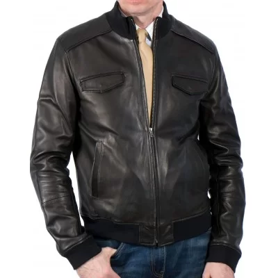 Blouson cuir homme style teddy bords côte noir modèle Franck