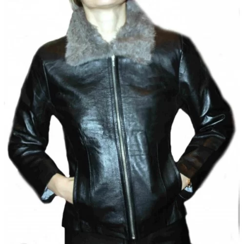 Blouson cuir agneau noir col lapin amovible modèle Charlotte