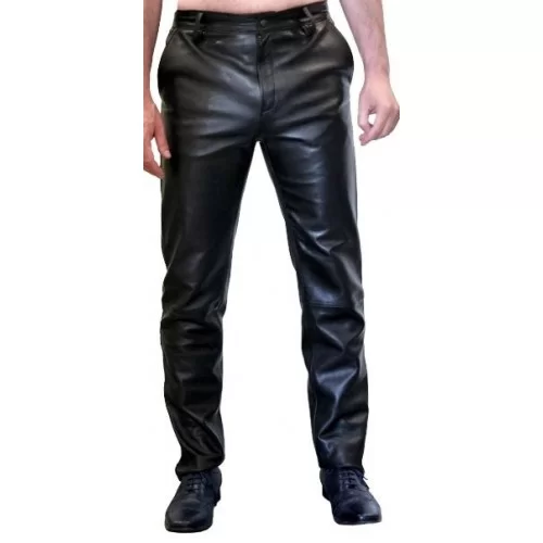 Pantalon de smocking cuir homme agneau plongé noir et bandes veau pony modèle Excelcior