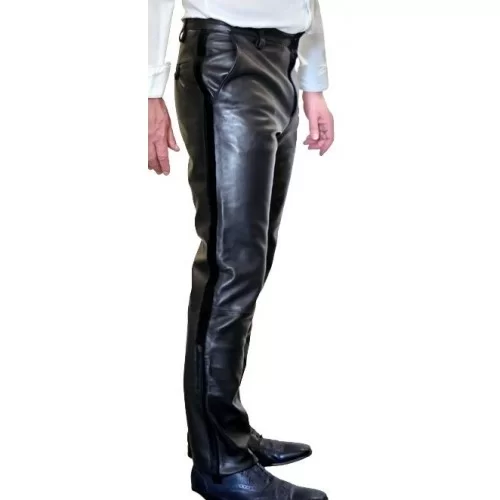 Pantalon de smocking cuir homme agneau plongé noir et bandes veau pony modèle Excelcior