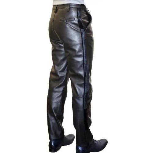 Pantalon de smocking cuir homme agneau plongé noir et bandes veau pony modèle Excelcior