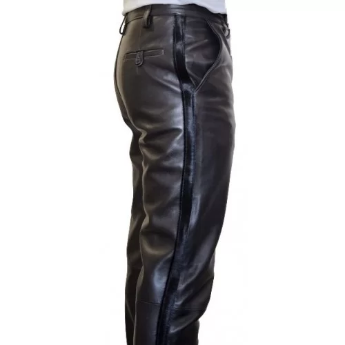 Pantalon de smocking cuir homme agneau plongé noir et bandes veau pony modèle Excelcior