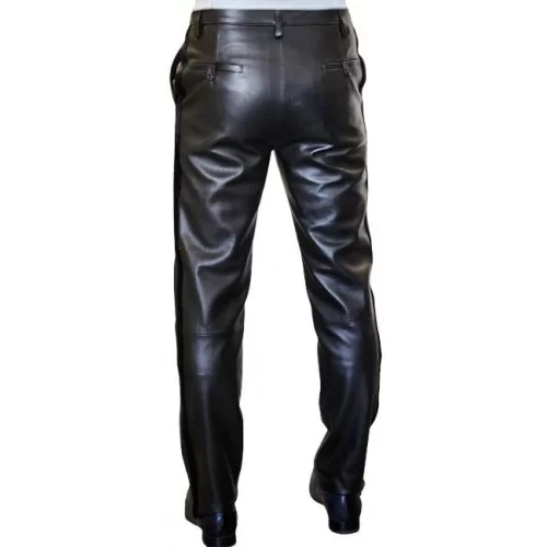 Pantalon de smocking cuir homme agneau plongé noir et bandes veau pony modèle Excelcior