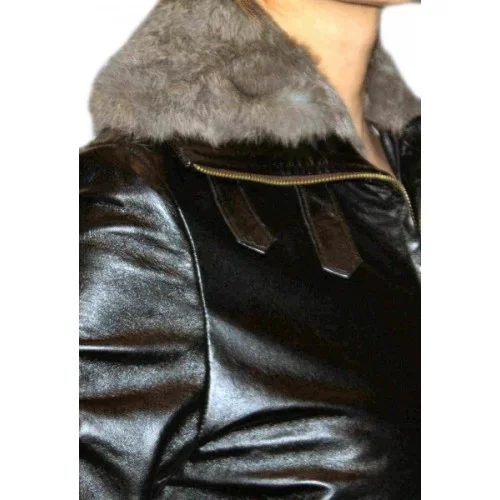 Blouson cuir en agneau noir col amovible lapin modèle Andrie