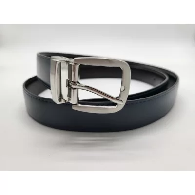 Ceinture en cuir de vachette réversible bleu et noir boucle métallique