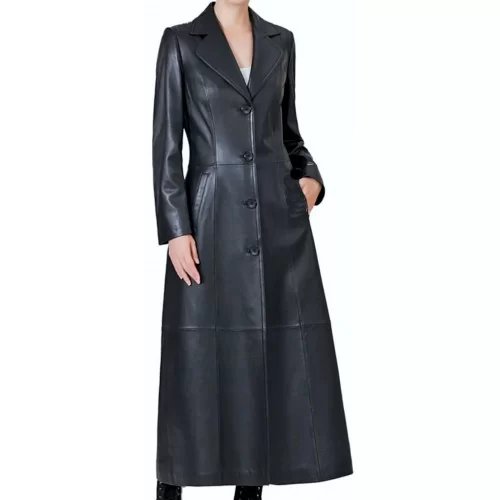 Manteau long en cuir d'agneau noir modèle Printice