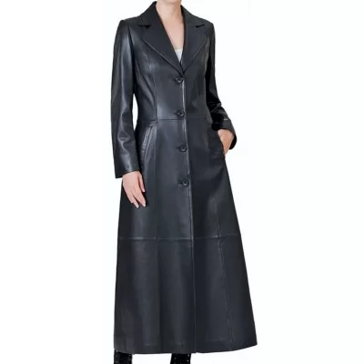 Manteau long en cuir d'agneau noir modèle Printice