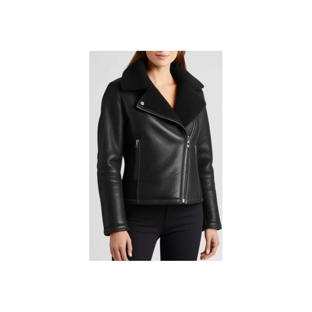 Blouson style perfecto en mouton retourné noir exterieur huilé noir modèle Arteamis