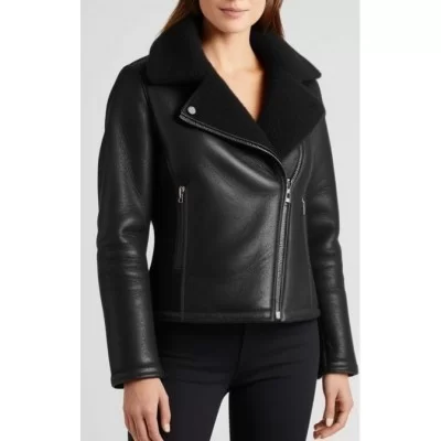 Blouson style perfecto en mouton retourné noir exterieur huilé noir modèle Arteamis