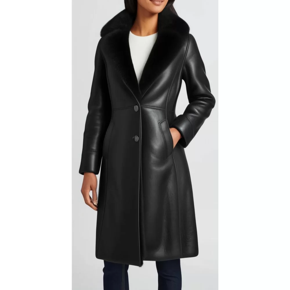 Trois quard manteau peau lainée mouton mérinos extèrieur aspect cuir huilé noir modèle Luciana