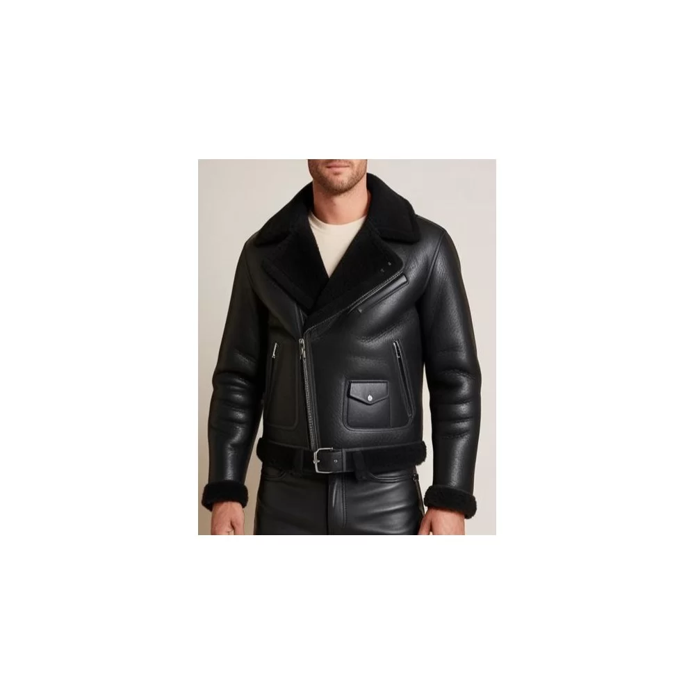 Blouson type perfecto en mouton retourné extèrieur mouton huilé aspect cuir modèle Partoce