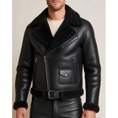 Blouson type perfecto en mouton retourné extèrieur mouton huilé aspect cuir modèle Partoce