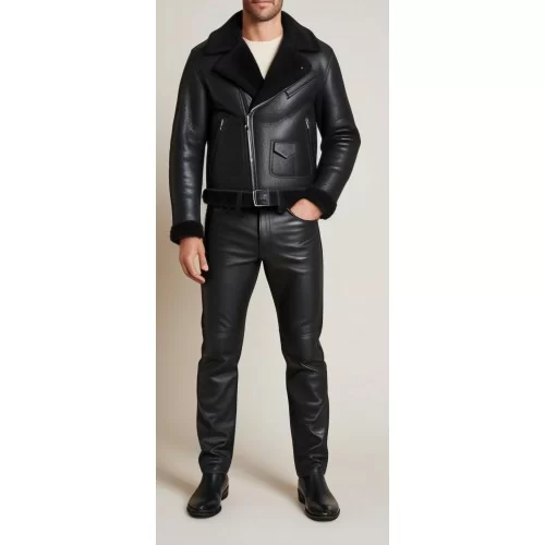 Blouson type perfecto en mouton retourné extèrieur mouton huilé aspect cuir modèle Partoce