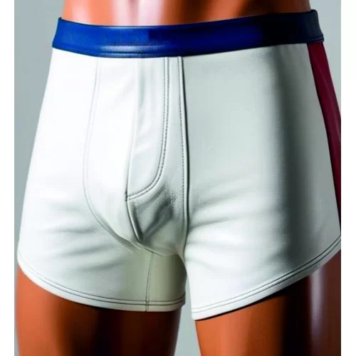 Boxer caleçon homme élastiqué en cuir stretch d'agneaux bleu blanc et rouge modèle Roxano