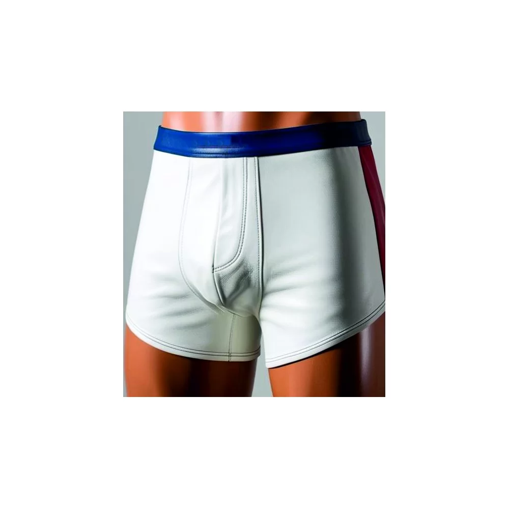 Boxer caleçon homme élastiqué en cuir stretch d'agneaux bleu blanc et rouge modèle Roxano