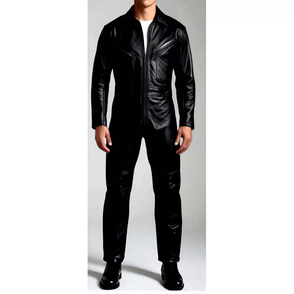 COMBINAISON HOMME CUIR AGNEAU NOIR MODELE STYLE ARMEE PILOTE