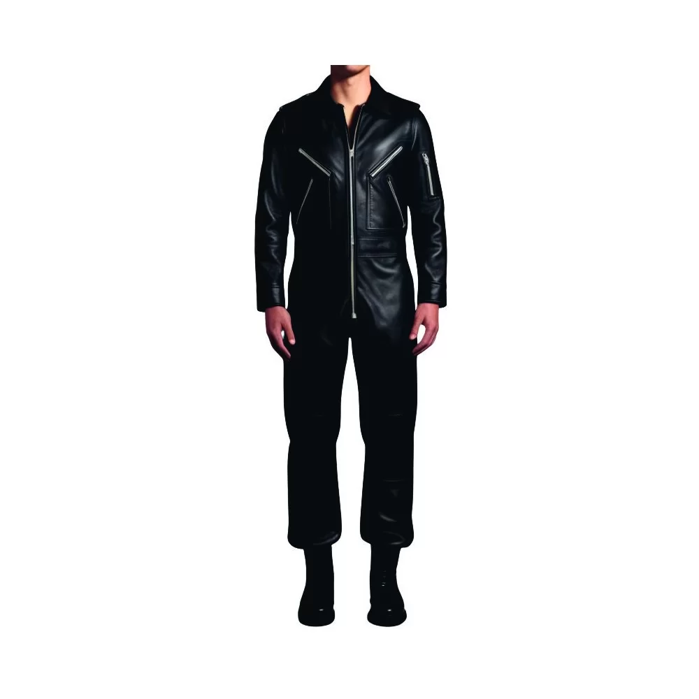 COMBINAISON HOMME CUIR AGNEAU NOIR MODELE STYLE ARMEE MODELE ARMATY