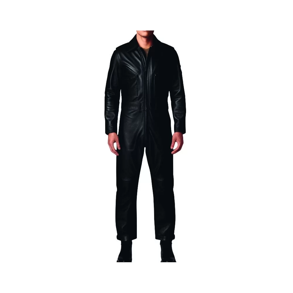 COMBINAISON HOMME CUIR AGNEAU NOIR MODELE STYLE ARMEE BARNOME