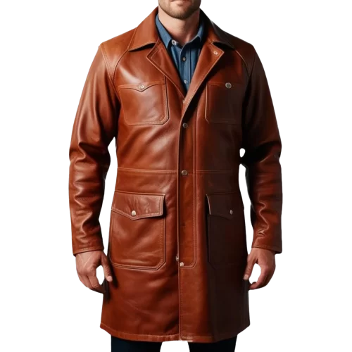 Manteau long style veste de combat homme cuir vachette marron modèle Raphaëlo