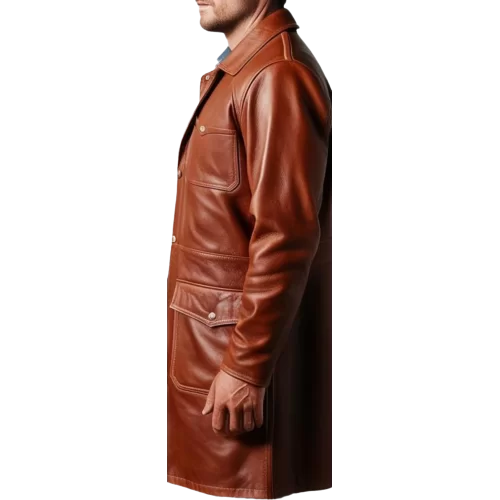 Manteau long style veste de combat homme cuir vachette marron modèle Raphaëlo