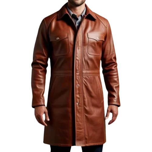 Manteau long style veste de combat homme cuir vachette marron modèle Bataille