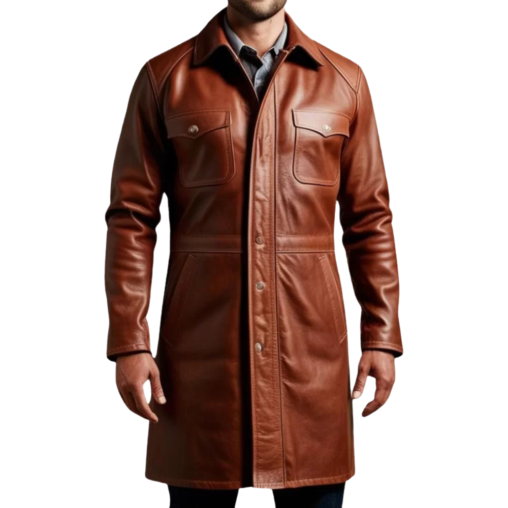 Manteau long style veste de combat homme cuir vachette marron modèle Bataille