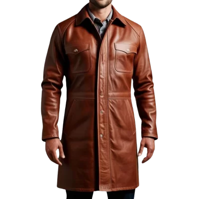 Manteau long style veste de combat homme cuir vachette marron modèle Bataille