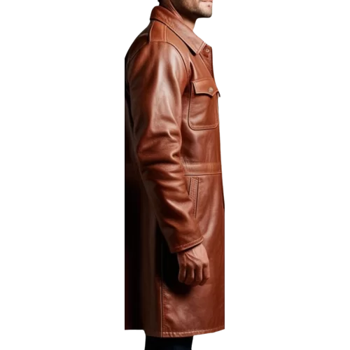 Manteau long style veste de combat homme cuir vachette marron modèle Bataille