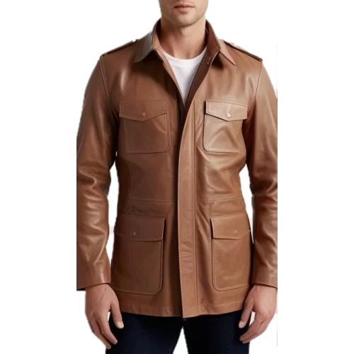 Veste de combat trois quart homme cuir vachette marron modèle Garou