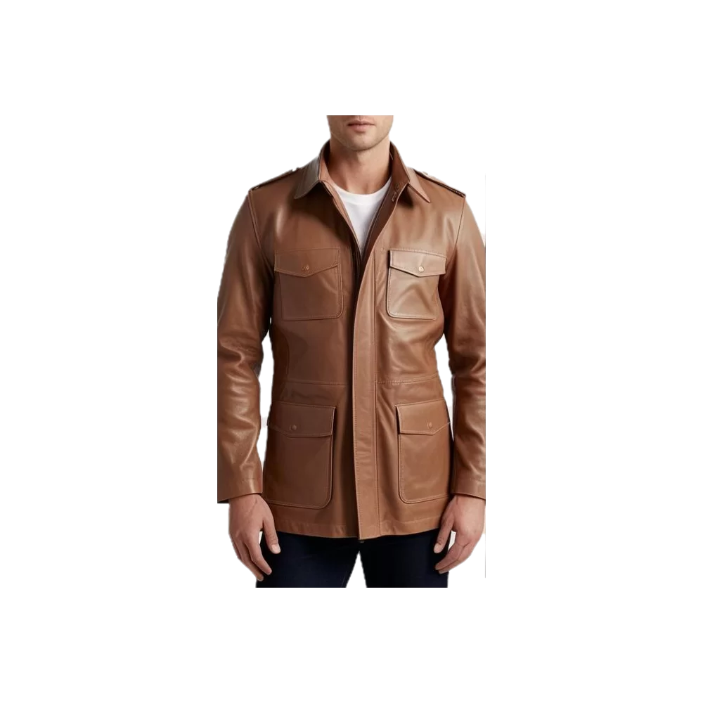 Veste de combat trois quart homme cuir vachette marron modèle Garou