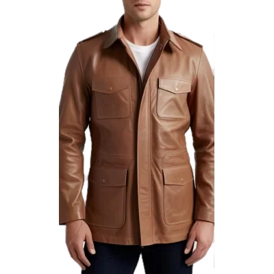 Veste de combat trois quart homme cuir vachette marron modèle Garou