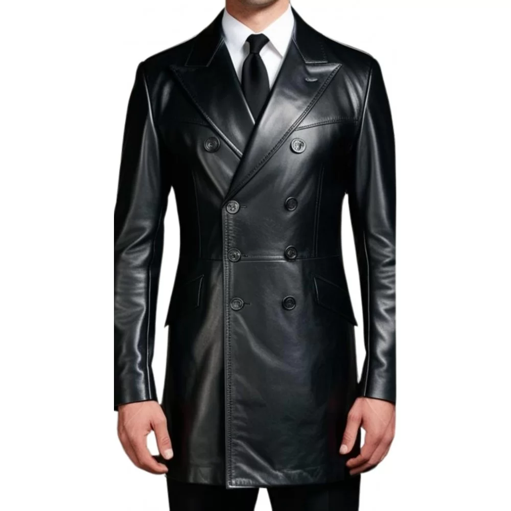 Veste redingote croisée en cuir agneau noir double boutonnage modèle Fidèle