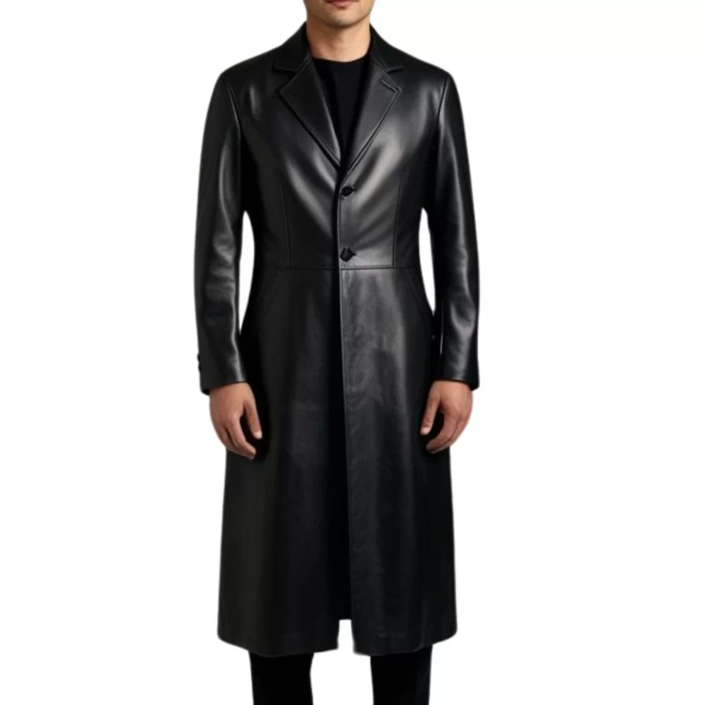 Veste redingote longue en cuir agneau noir fermeture boutons modèle amerole