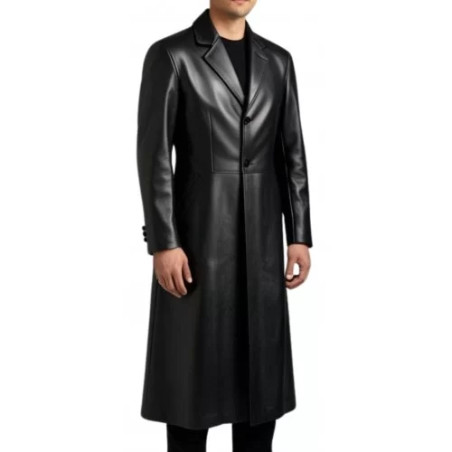 Veste redingote longue en cuir agneau noir fermeture boutons modèle amerole