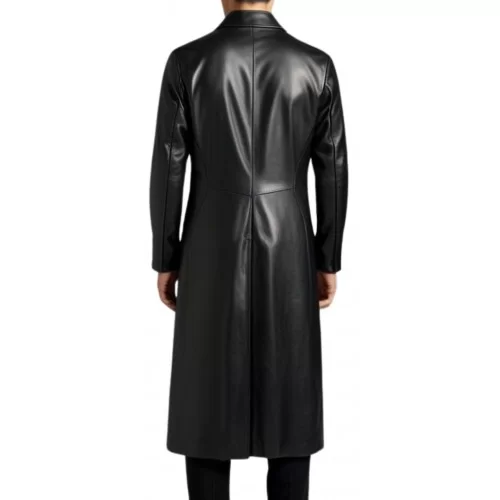 Veste redingote longue en cuir agneau noir fermeture boutons modèle amerole