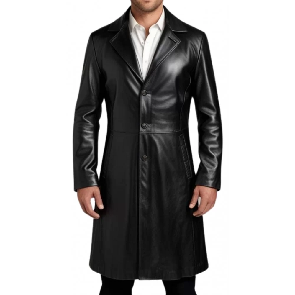 Veste redingote en cuir agneau noir fermeture boutons modèle Frelon